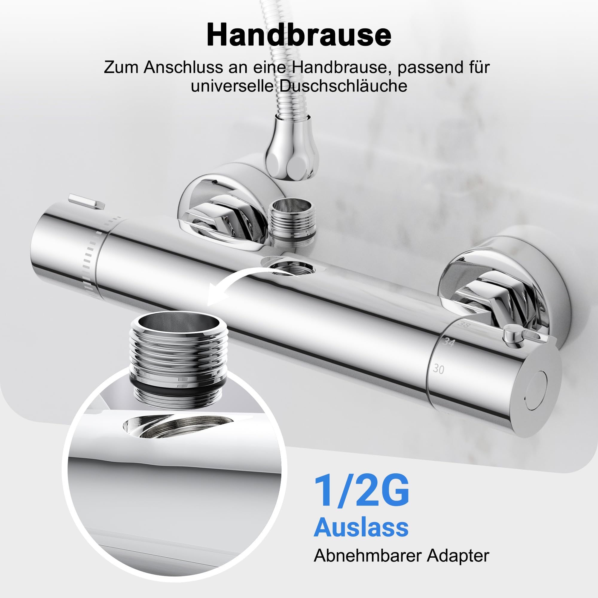 MORADO Duscharmatur mit thermostat oberem Auslauf, Dusharmatur mit Verbrühschutzventil,Duscharmatur mit umgekehrtem Auslauf und Adapter für 3/4"BSP und 1/2"BSP,massives Messing,verchromt