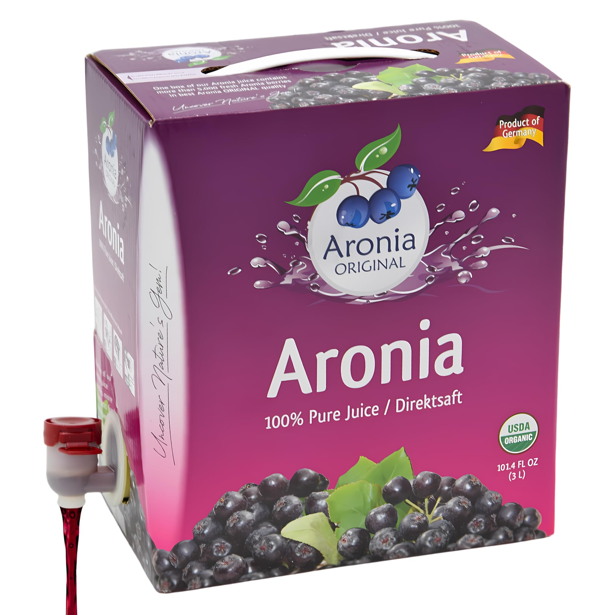 Aronia ORIGINAL Organic Aronia Berry Juice Bag-in-Box 3 L | 100% Pure Aronia Fruit Juice, No Added Sugar, Not From Concentrate | Vegan, Organic, Non GMO Chokeberry (Aronia Berries)