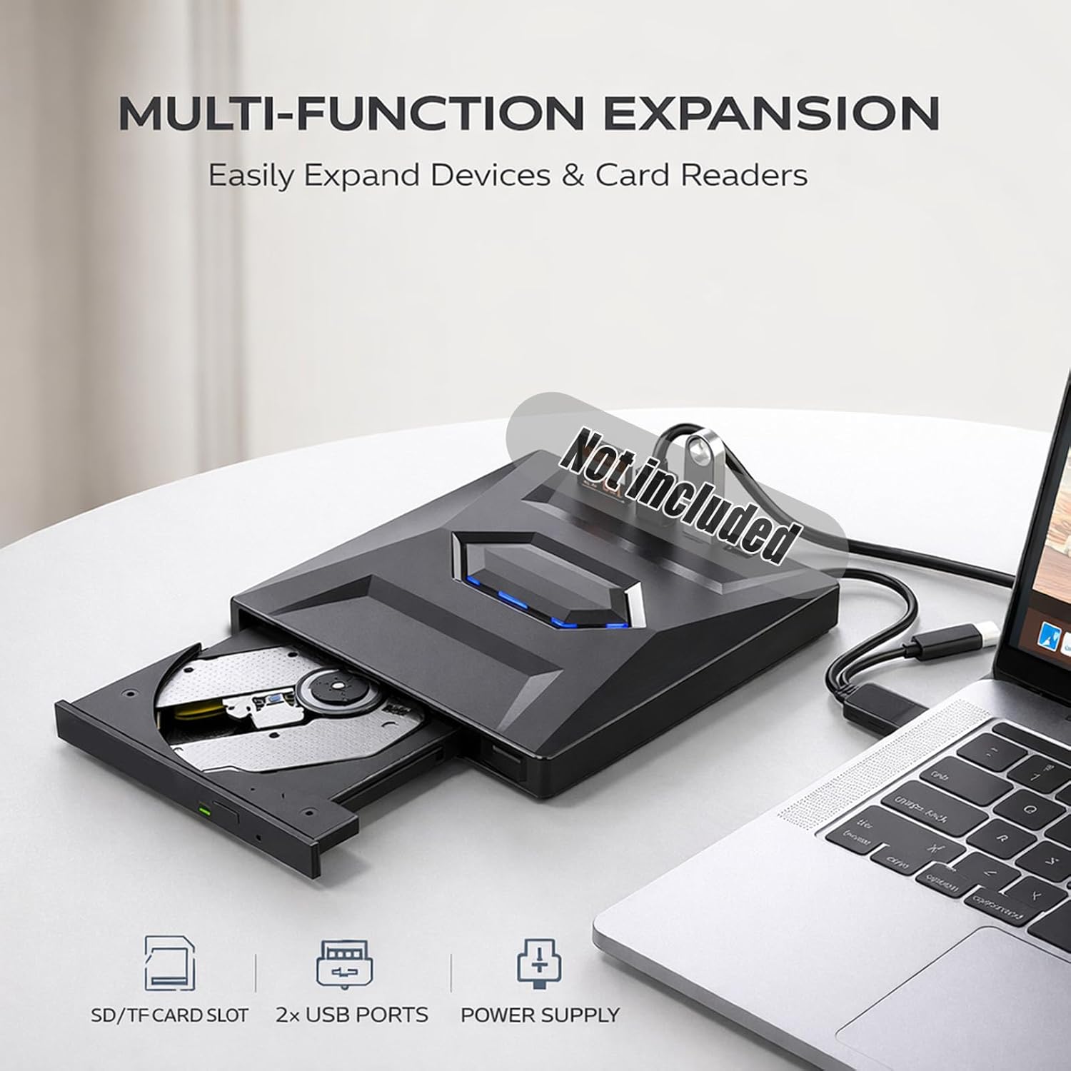External CD DVD Drive for Laptop, USB 3.0 & USB-C Portable CD/DVD Burner Optical Drive, 7-in-1 ROM Reader Writer with SD/TF Card Ports, Plug and Play Laptop Desktop Windows Mac Linux 1pcs