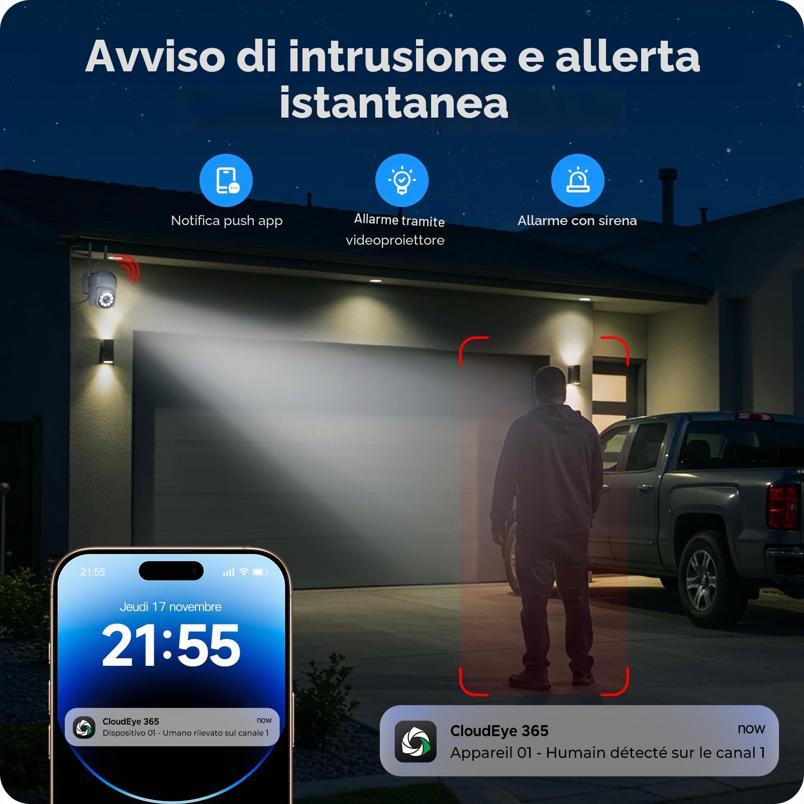 CAMCAMP Telecamera WiFi Esterno, Telecamera Aggiuntiva, Tracciamento Automatico, Registrazione 24/7, Visione Notturna a Colori, 5G wi-fi, Rilevamento Movimento, Solo CAMCAMP WiFi NVR, CloudEye 365 APP