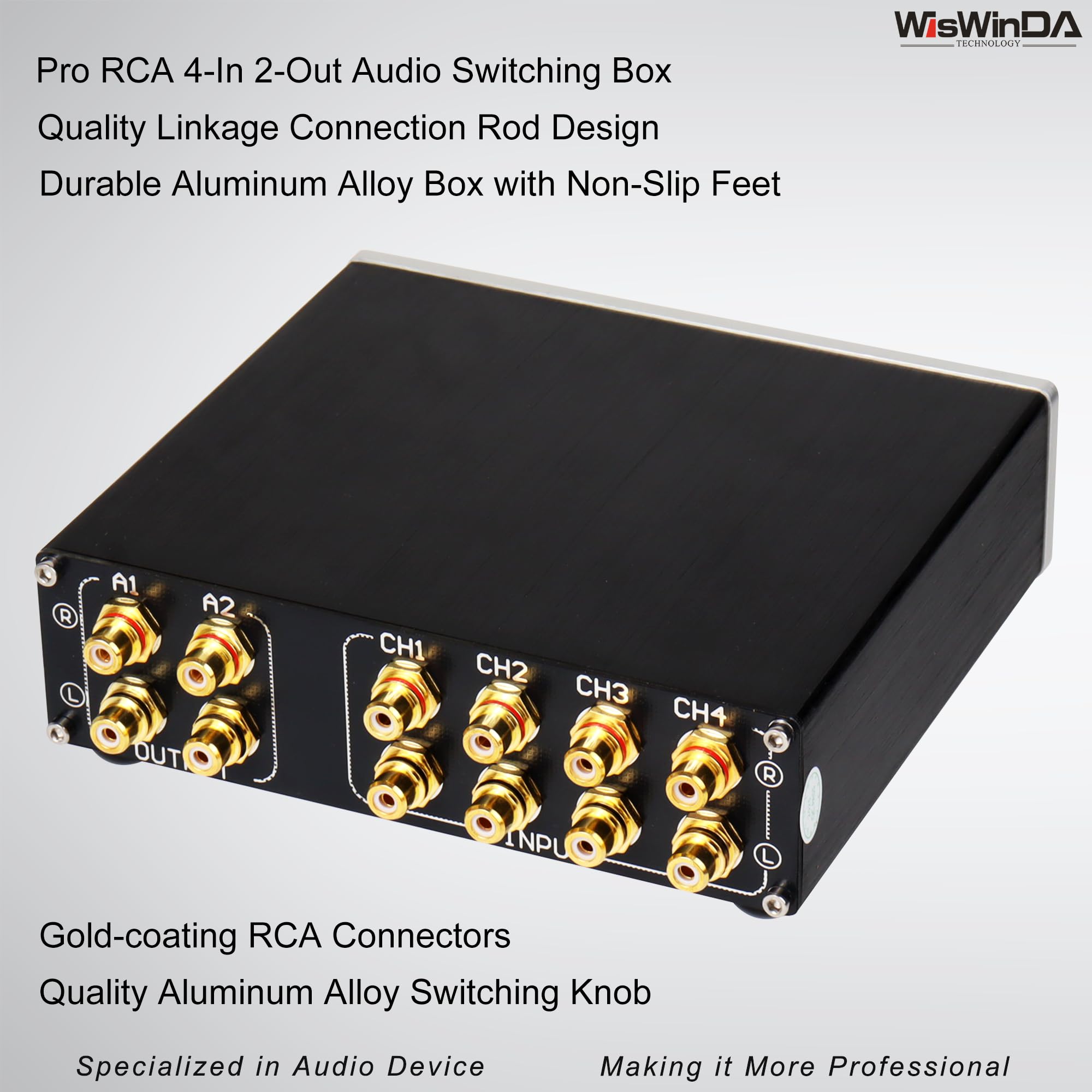 Caja de conmutación de audio Pro RCA de 4 pulgadas, 2 salidas, convertidor de audio, 4 canales, 4 pulgadas, 2 salidas, estéreo HiFi, selector de audio pasivo, caja de conmutación, carcasa de aluminio