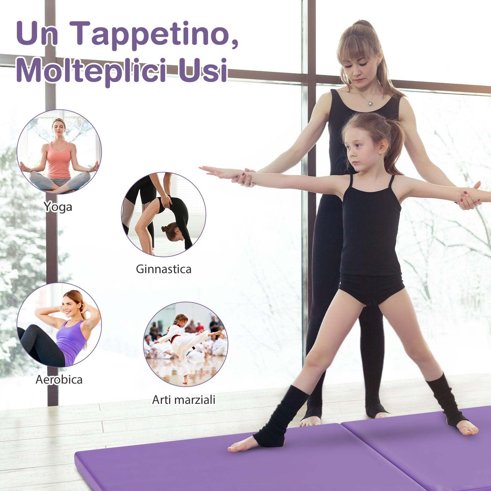 GYMAX Tappetino da Yoga/Fitness Materassino per Ginnastica, Spesso 5 cm, Manico Portatile e Pieghevole, 180 x 60 x 5 cm