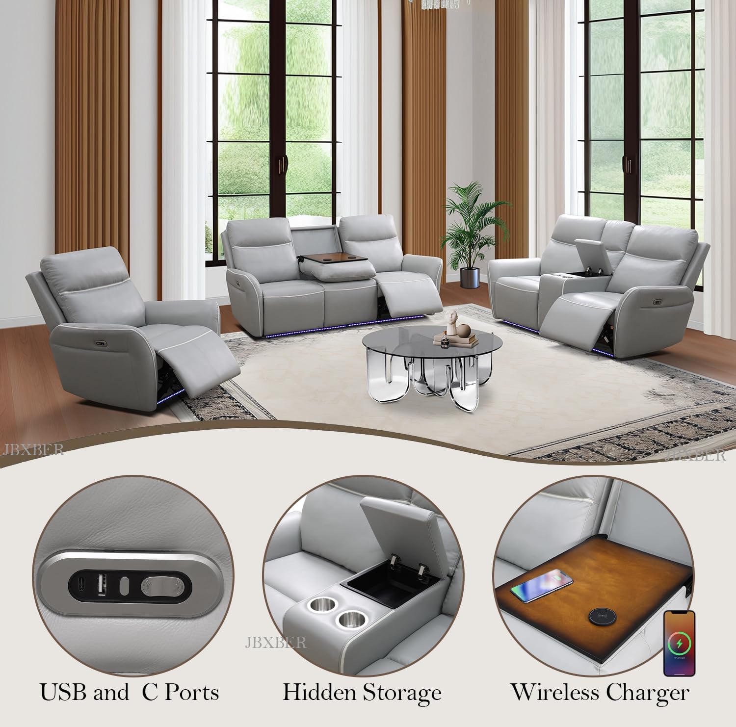 Power Recliner Sofa Set, Leather Reclining Sofa Sets 3 Piece for Living Room, Power Recliner Couch Recliner Loveseat with Console Storage, USB Port, Cup Holder, LED Lights (3 Piece Set)