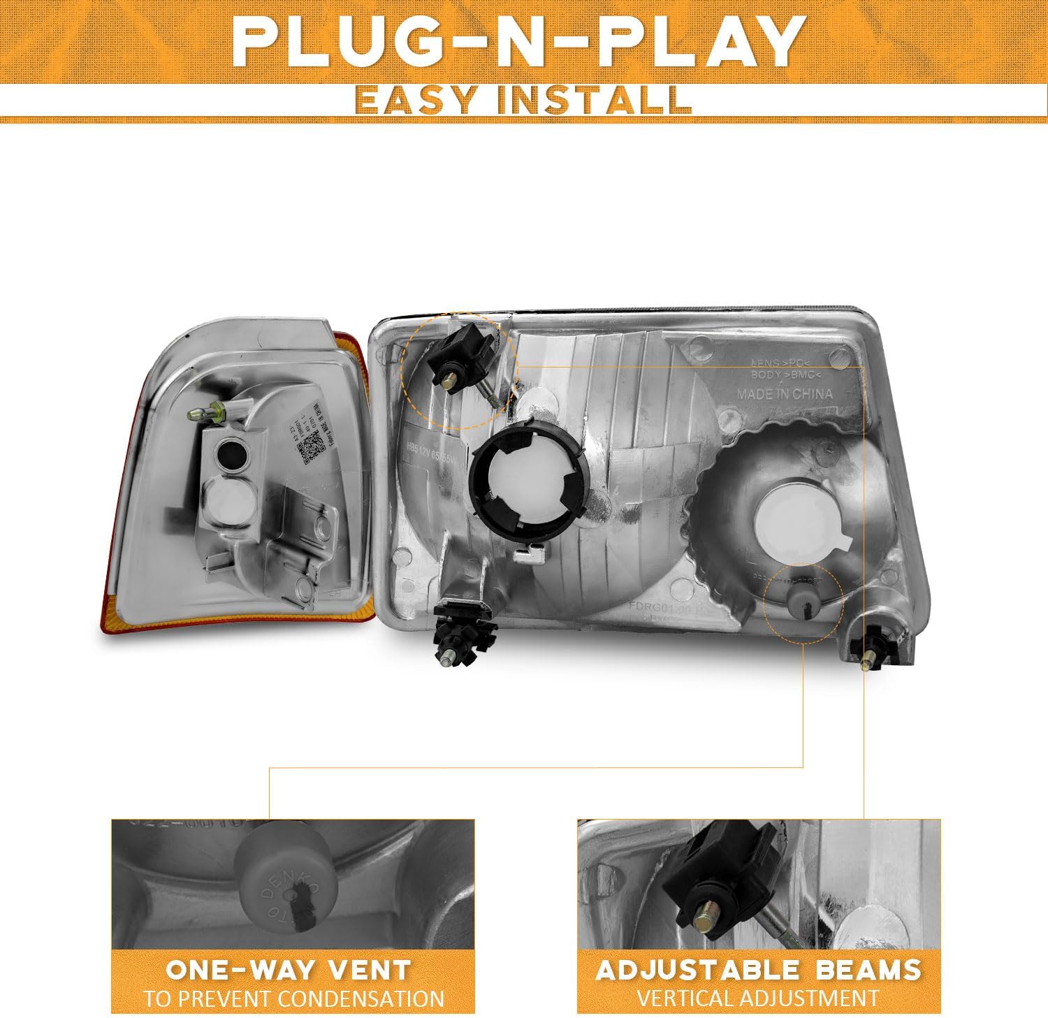 WEELMOTO for 2001-2011 ford Ranger Headlights Assembly,Headlamp Replacement for 01-11 ford Ranger Black Housing Amber Reflector Left+Right Pair Set