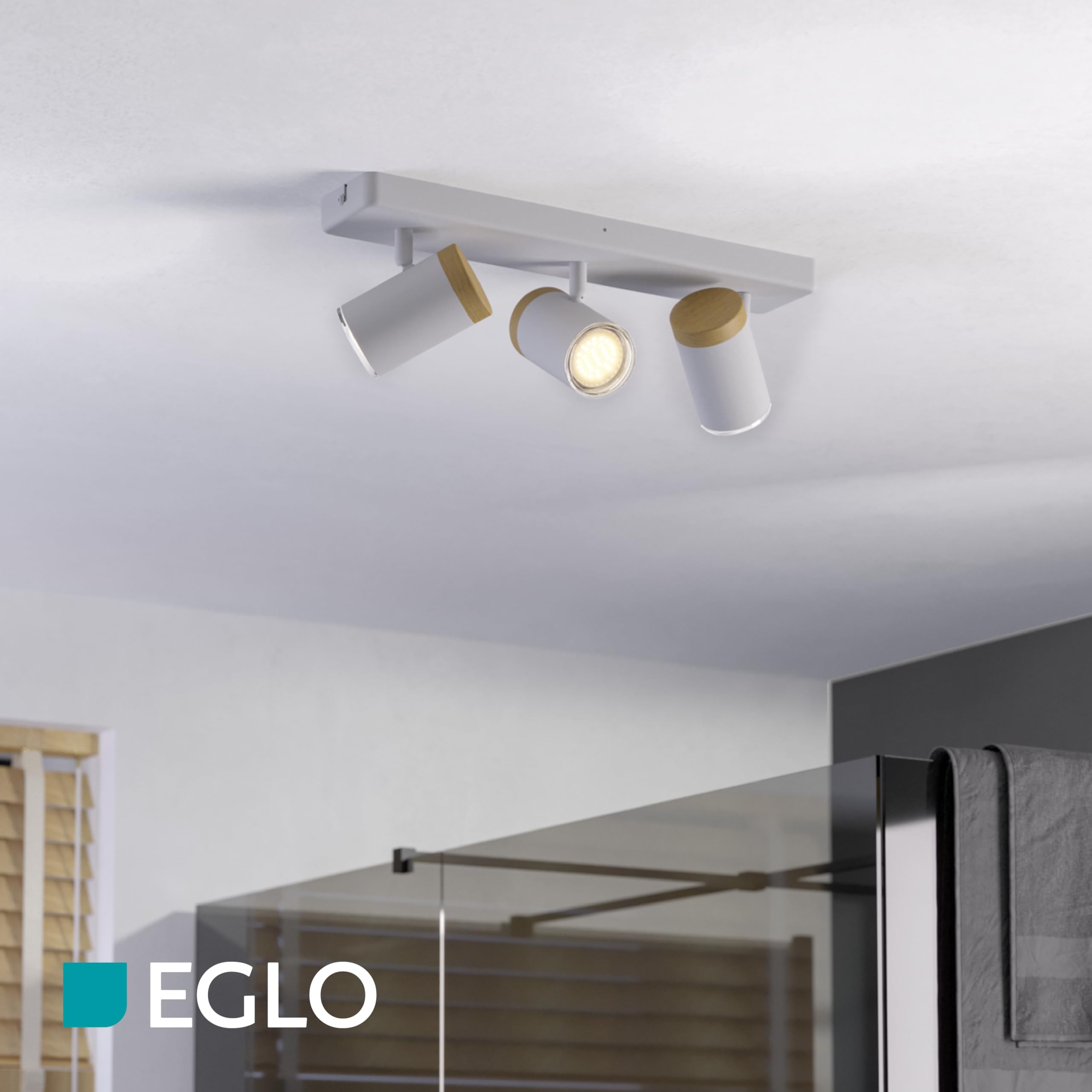EGLO Deckenlampe 3-flammig Consuma Deckenstrahler | für Wohnzimmer und Badezimmer, Deckenleuchte mit 3 Spots, Holz und Stahl in Weiß, GU10 Fassung, IP44