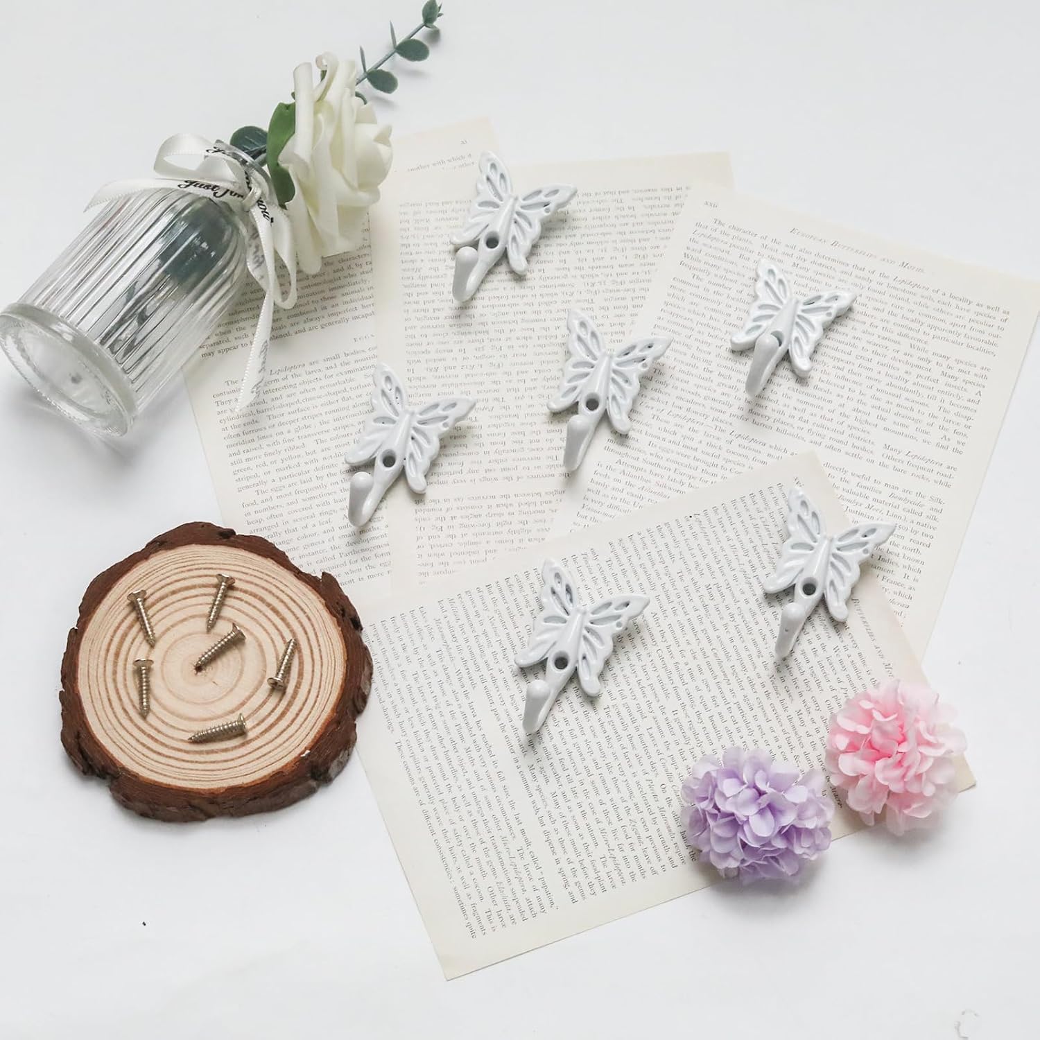 6pcs Butterfly Design Wall Coat Hooks (2.2inch-White)