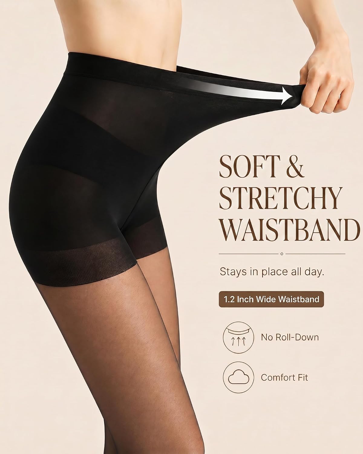 3 Pairs Women's Sheer Tights 30D, Black Pantyhose Nylon Stockings Control Top Reinforced Toe, High Waist Hosiery