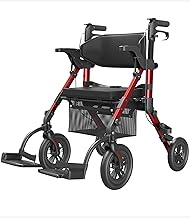 VOCIC 2 in 1 Wheelchair Rollator with Seat, Outdoor Rubber Tyre, Foldable Aluminum Mobility Walker with Brakes, Bag for Senior, 20cm Wheel for All Terrain Transport Chair, 5 Year Support
