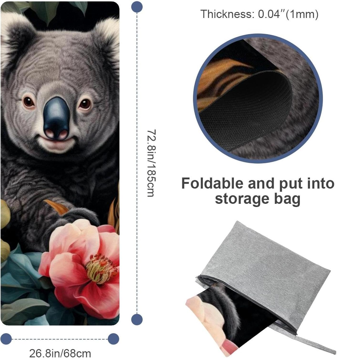 Yoga Towel, Koala Flowers Pattern Non Slip Sweat Absorbent Hot Yoga Mat Towel for Hot Yoga, Pilates and Fitness - 72.8" x 26.8"