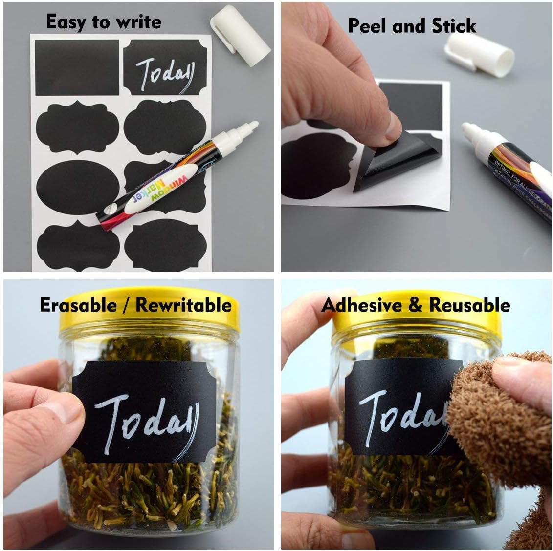Chalkboard Labels | 96pcs Waterproof Reusable Blackboard Matte Black Sticker Kit for an Organised Kitchen | Includes 1 Erasable White Chalk Pen to Label Your Mason Jars and Bottl