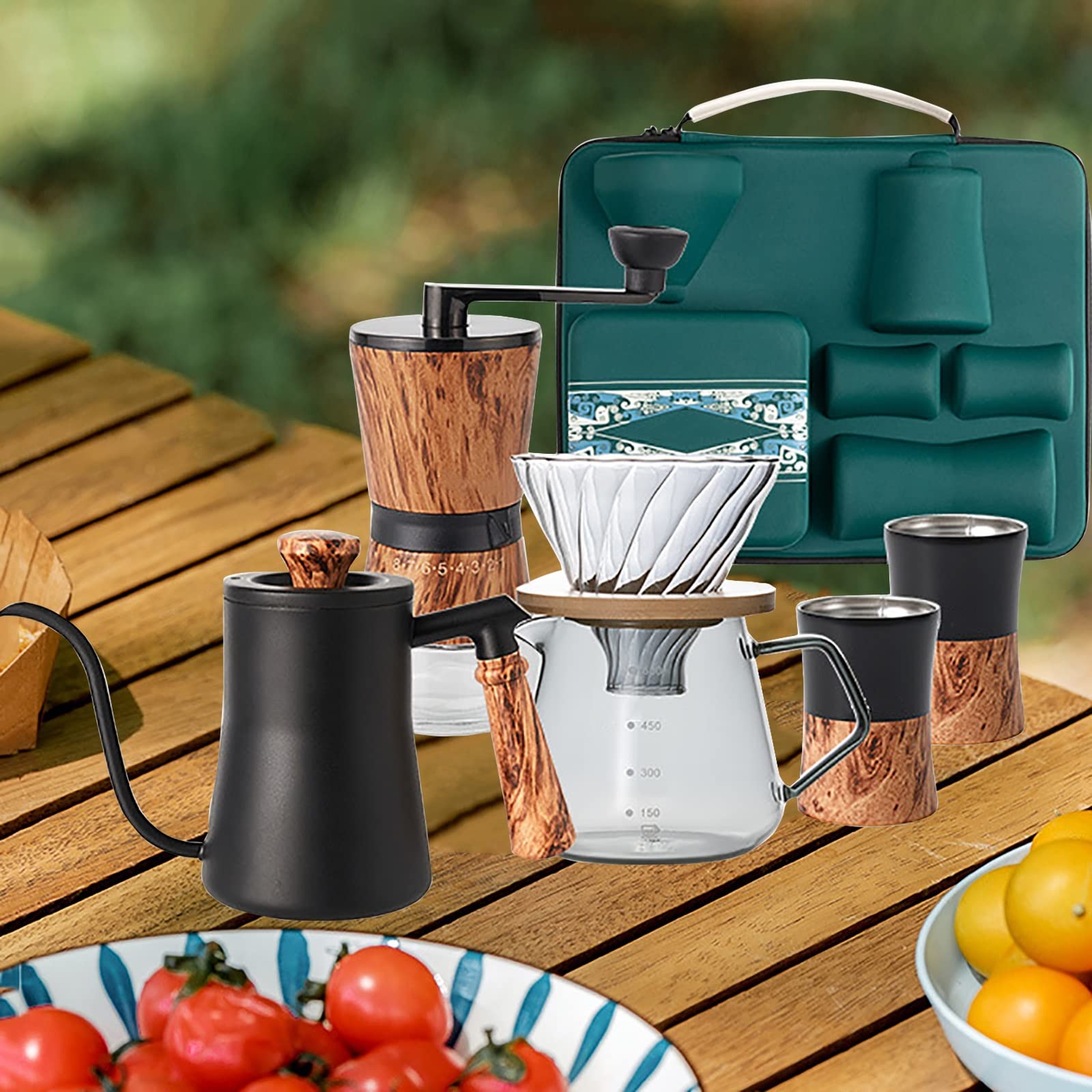 Juego De Cafetera De Vertido para Viajes/Camping/Senderismo, Taza Individual, Filtro De Café De Acero Inoxidable, Taza De Vidrio De Borosilicato, Molinillo Manual, En Casa/Oficina (Size : Sets)