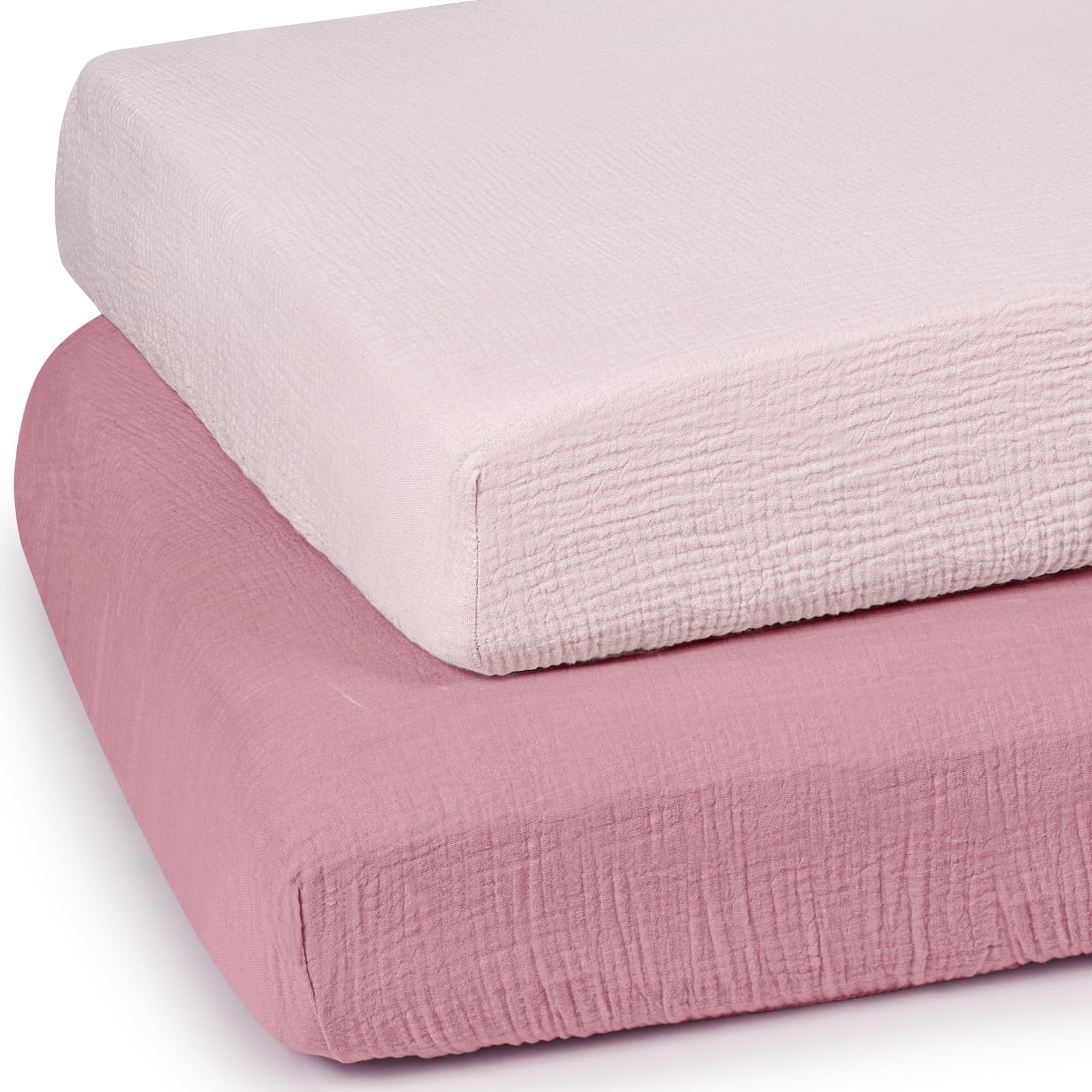 lulumoonPack and Play Sheets - Muslin Mini Crib Mattress Sheets Fitted - Ctoton Playard Sheets for Baby (2 Pack, 24"x 38") (Light Pink & Soft Pink)