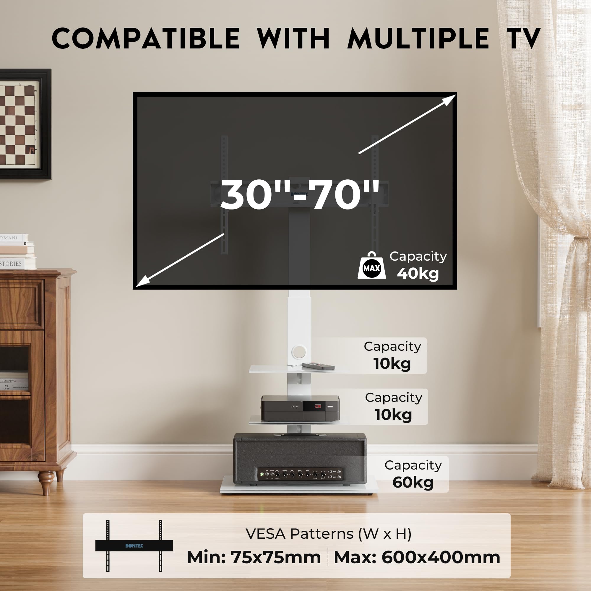 BONTEC Universale Supporto TV da pavimento per TV da 30-70 pollici LED OLED LCD, Porta TV da Terra Regolabile in Altezza con Ripiani in Vetro Temperato a 3 Livelli Max VESA 600x400mm, Fino a 40KG