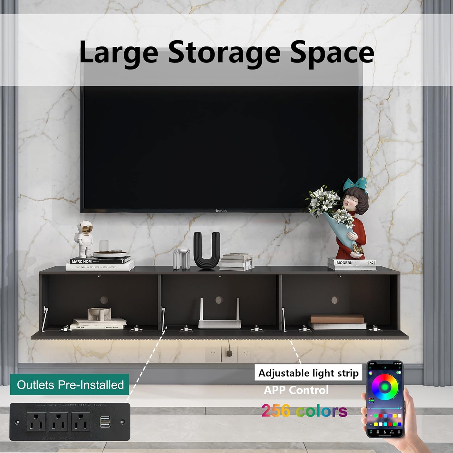 Black Floating TV Stand Wall Mounted,Floating Entertainment Center with Fluted Doors,Mesa Flotante para TV 69 inch,Media Console Table for Living Room,Bedroom