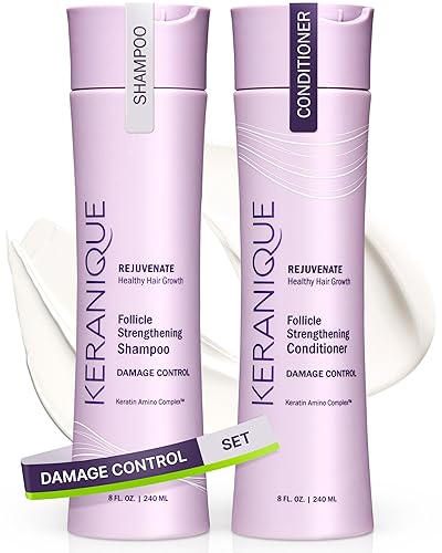 Keranique Juego de champú y acondicionador para el cabello dañado para la reparación y el crecimiento del cabello con biotina y queratina complejo