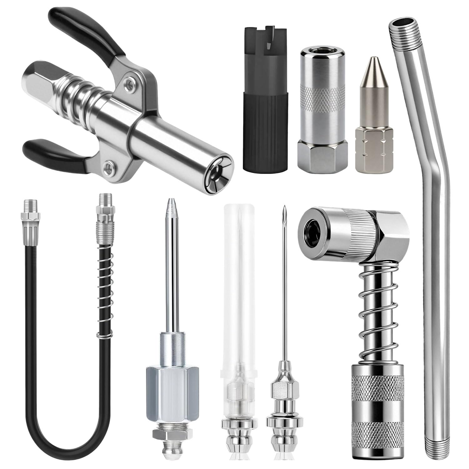 Kit 10 Testina Ingrassatore Professionale Accoppiatore Autobloccante a Doppia Impugnatura, Ugello a 90°, Tubo Flessibile da 30 CM Compatibile con Ingrassatore Manuale, Elettrici e Pneumatici