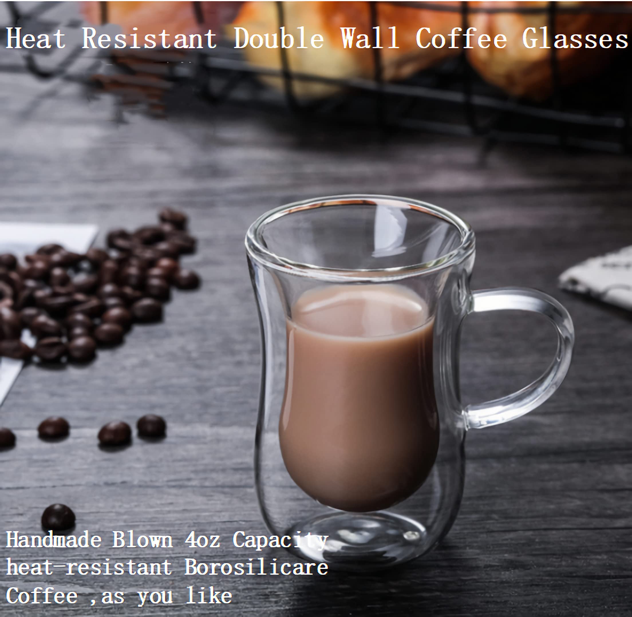 KNC Borosilicate Glass Coffee Mug with Handle,4 oz Double-wall Insulated Milk coffee Cup, Thick Expresso Coffee Cups For Americano, Latte, Espresso, Cappuccinos Beverage and Tea, Clear