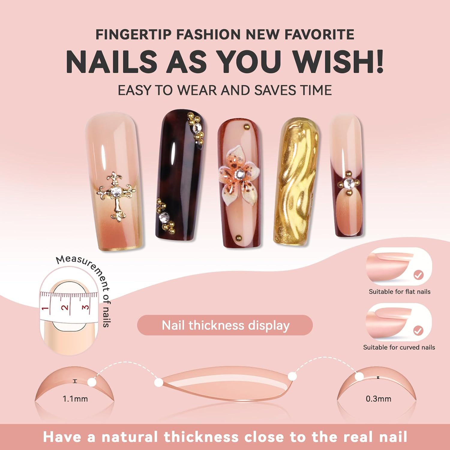 Brown Flower Press on Nails Long Square-Handmade Nails with 3D Chrome Gold Floral Rhinestones Designs Leopard French Tip Fall Nail, Autumn Winter New Year Fake Nails for Women, 24PCS image 2
