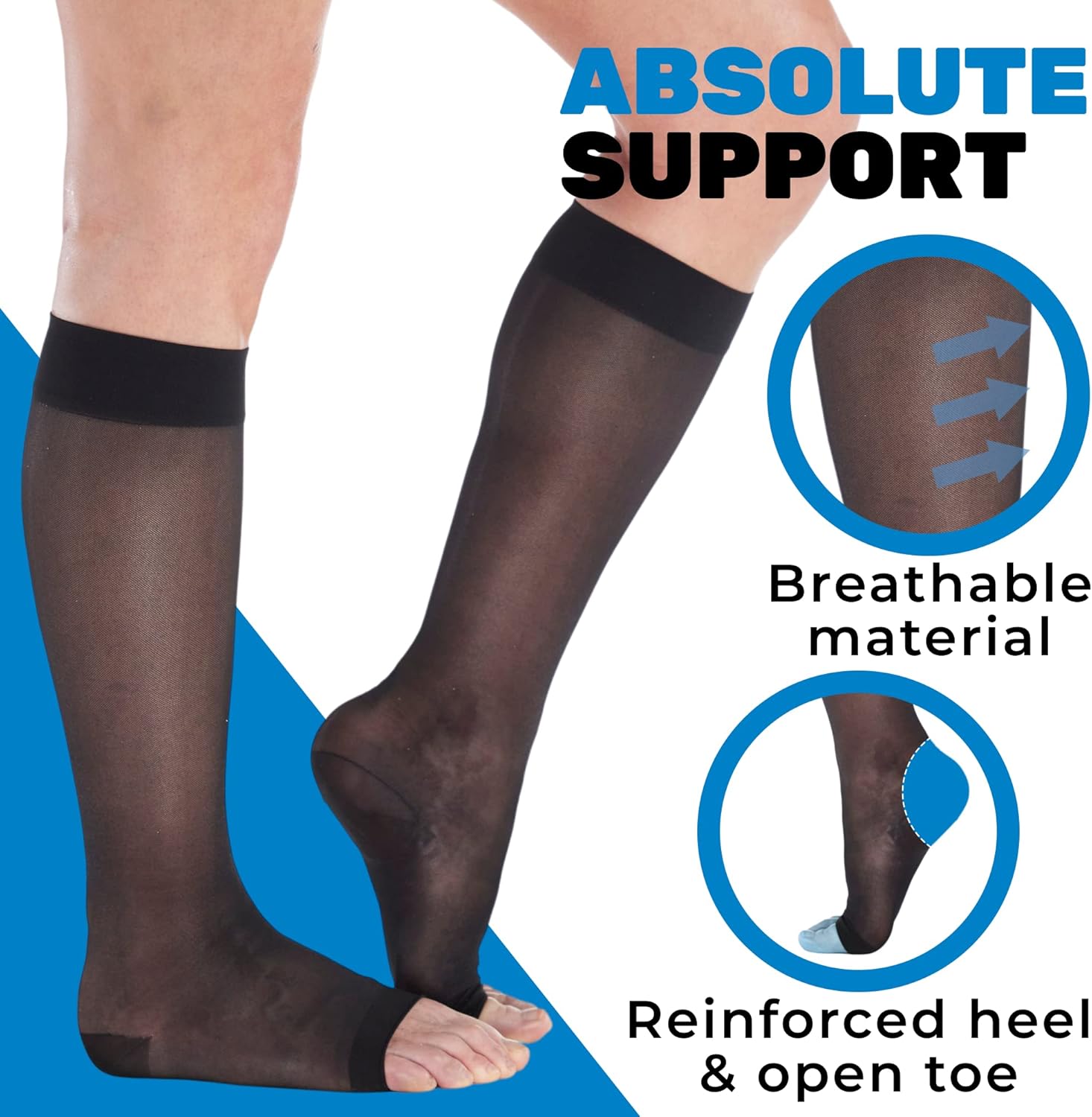 ABSOLUTE SUPPORT (2 Pairs) Made in USA - Sheer Lightweight Long Compression Knee High Socks with Open Toe for Women 15-20mmHg | For Improving Blood Circulation | Black & Nude, Large