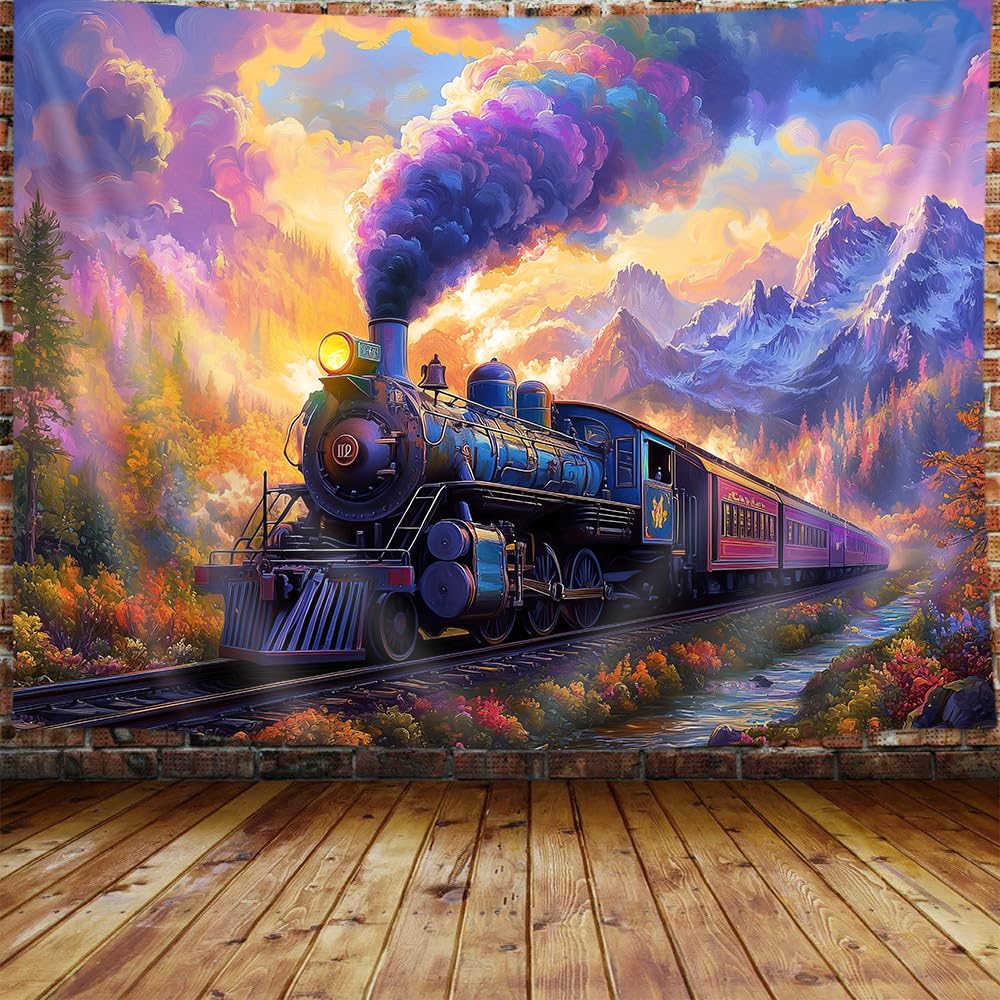 Steam Train Tapestry, Old Engine Train Scenery Tapestries Kids Decor, Rainbow Cloud Sky Forest Mountain Watercolor Art Wall Tapestries Hanging for