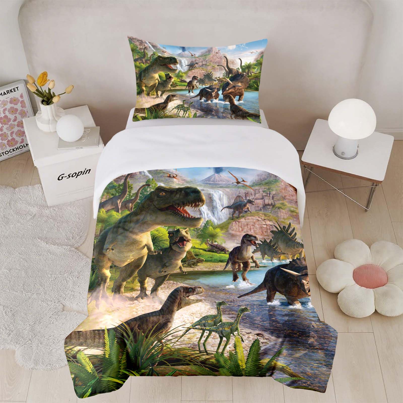 HOMHOMHA Cot Bed Duvet Cover Set - Dinosaur Toddler Duvet and Pillow Set-Soft Microfibre Toddler Bedding for Boys Nursery Kids Room- 120x150 cm Bed Cover & 40x60 cm Pillowcase