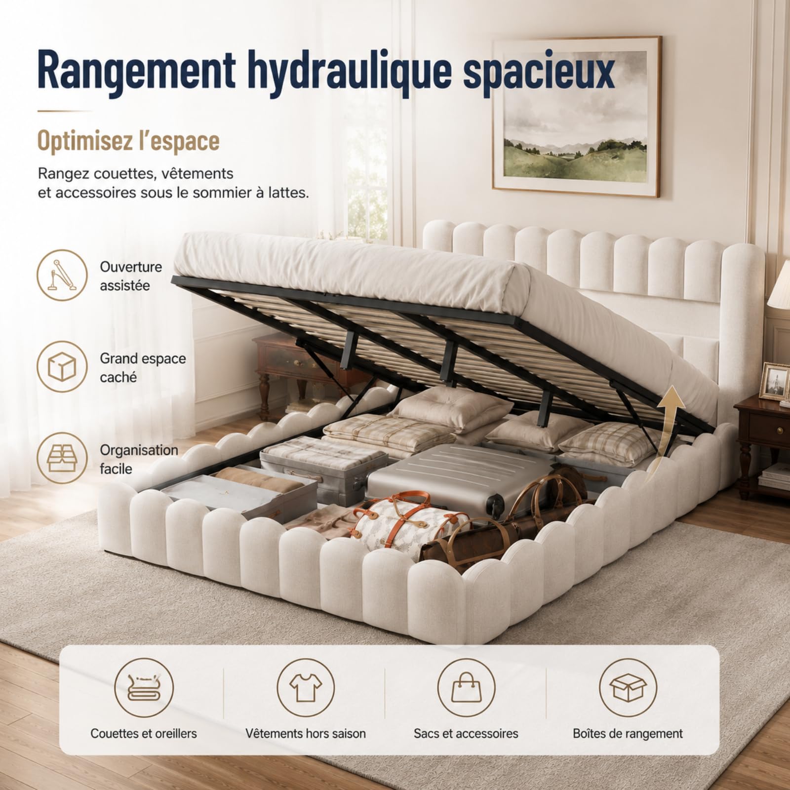 Fofetbfo Lit Coffre 140X200 cm, Bubble lit Double rembourré avec éclairage LED et Type-C et USB, LIt Capitonné avec Rangement, Cadre de lit hydraulique avec sommier à Latte, Lin (Beige, 140 x 200 cm)