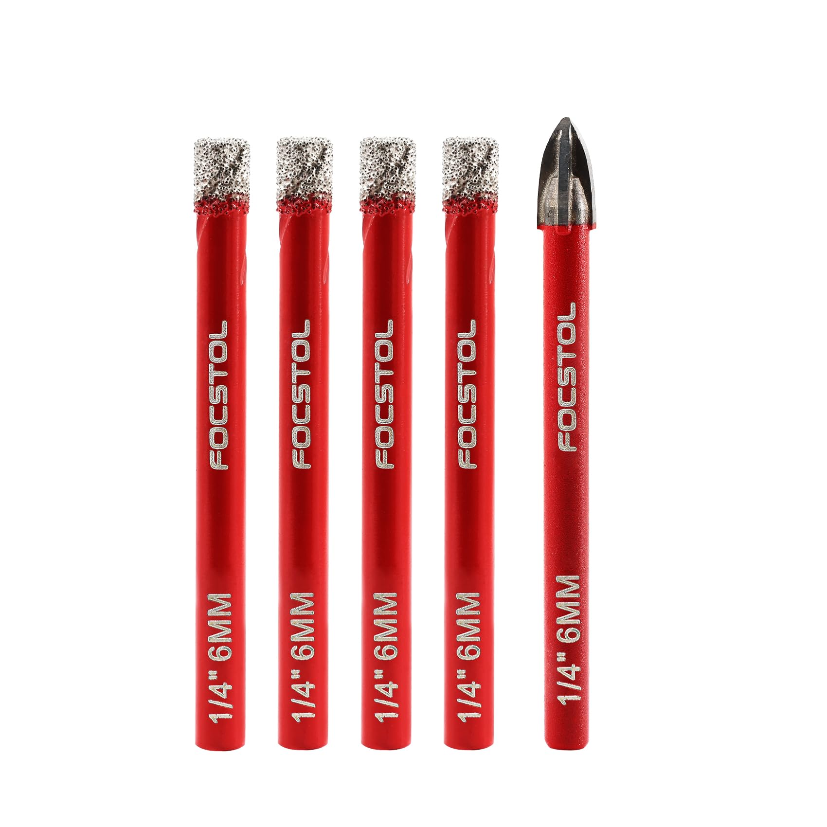 FOCSTOL Juego Brocas Diamante Seco - 4 piezas 6/6/6/6mm Broca Corona+1 pieza 6mm Taladro Carburo con Vástago Redondo para Gres Porcelanico Cerámica Granito Mármol Cuarzo