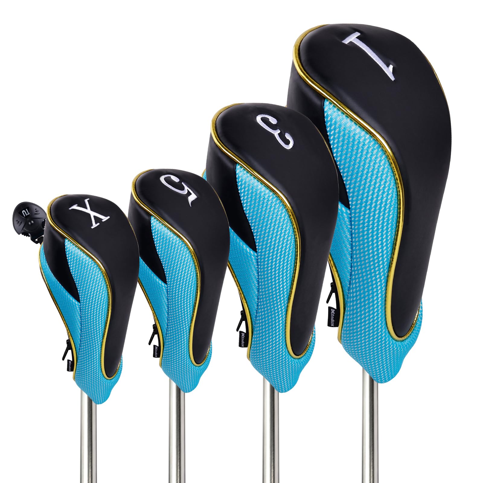 Andux 4Pcs/Set Gold Golf 460cc Driver Fairway Wood Club Head Covers with Zipper Light blue