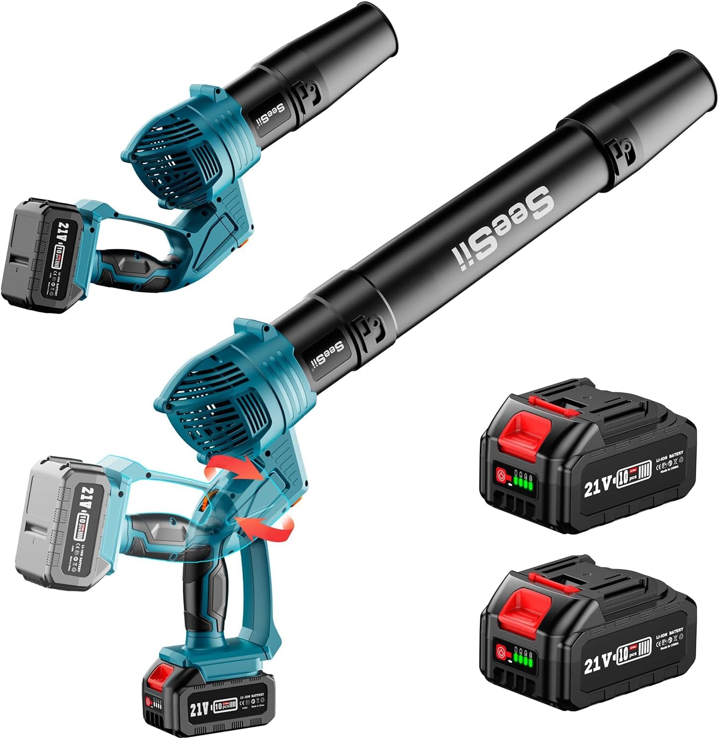 SEESII Soplador de hojas con batería con 2 baterías de 4,0 Ah y cargador, 5 niveles de rotación eléctrica para exteriores, para jardinería, limpieza de hojas, fácil para patio, terraza, césped