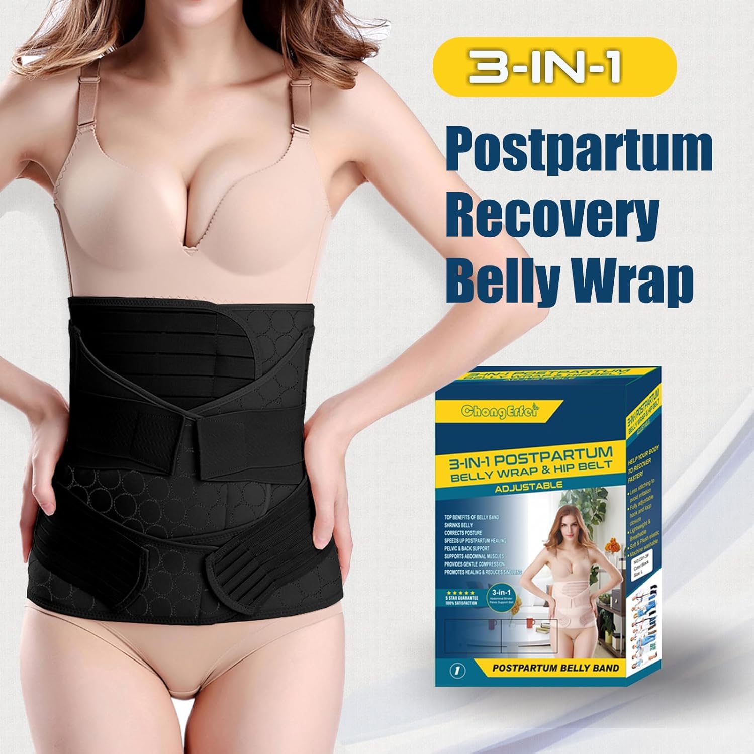 Chongerfei Cintura ventrale 3 in 1 post partum, cintura per pancia/vita/bacino di recupero (One Size, Black)