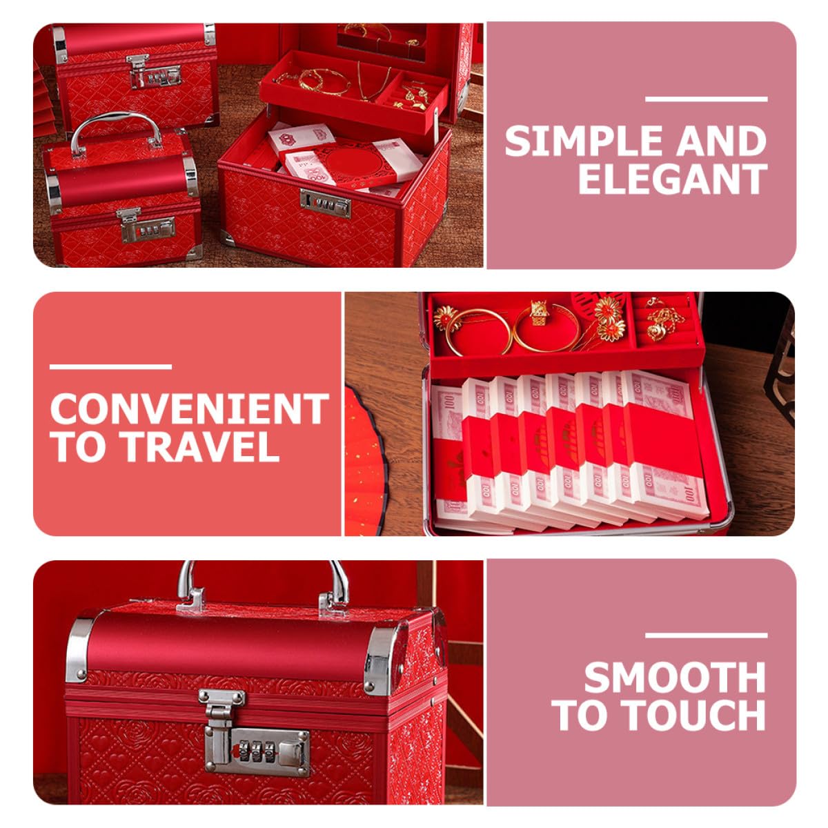 Boîte à Bijoux Rouge Élégante en Cuir Pu Serrure à Code, Coffret à Bijoux Vintage en Bois et Alliage D'aluminium, pour Mariage et Rangement Personnel