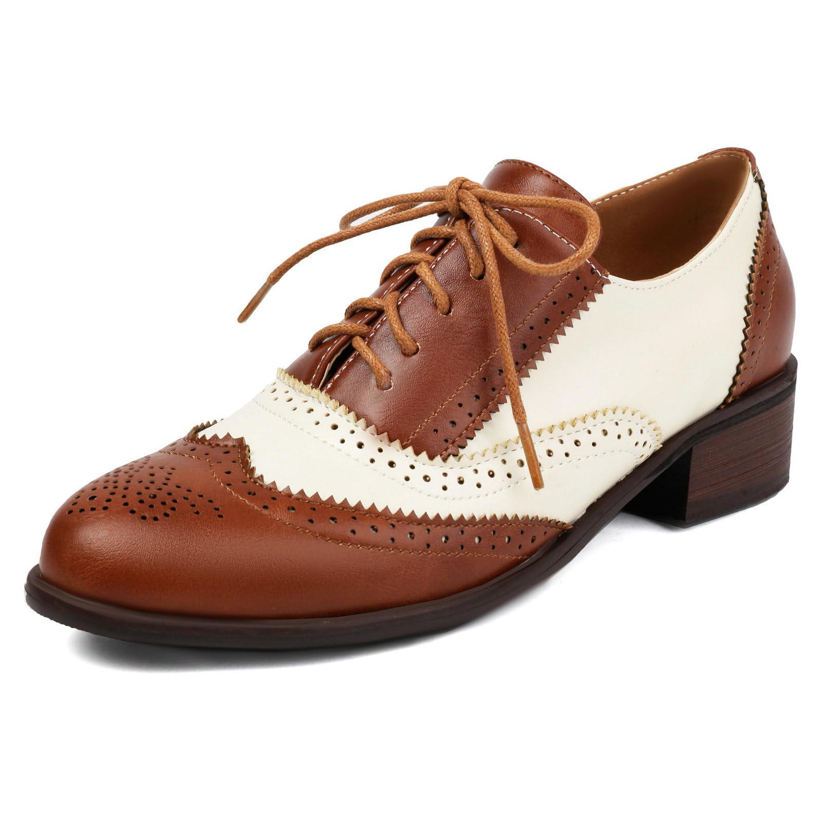 Betastella Womens Vintage Wingtip Lace Up Oxfords Chunky Low Heel Round Toe Pumps Brogue Oxford Shoes