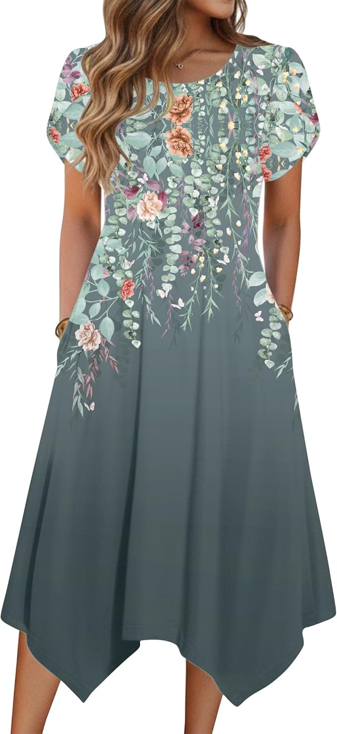 Zeagoo Womens Casual Dress for Summer Short Sleeve Loose Flowy Beach Dress with Pockets Hankerchief Flare Midi Sundress 2026