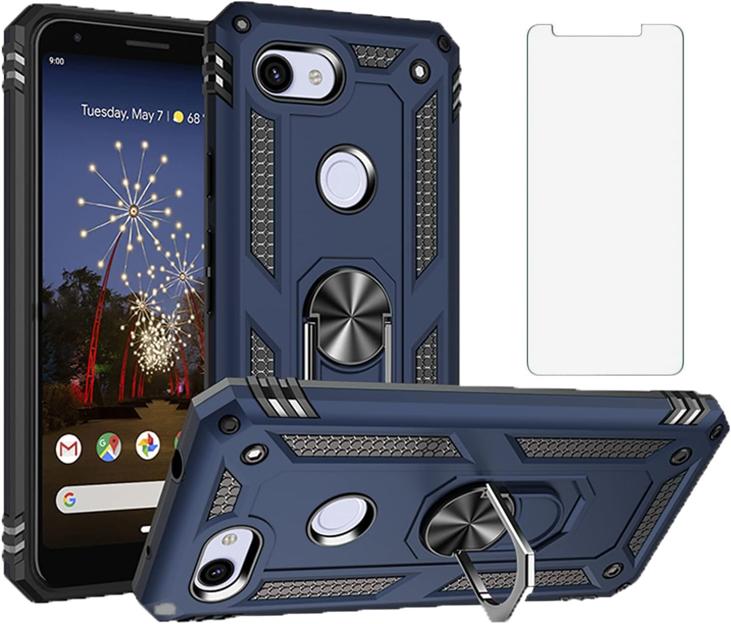 Asuwish Phone Case for Google Pixel 3A with Tempered Glass Screen Protector Cover and Stand Ring Holder Hard Shockproof Heavy Duty Magnetic Kickstand Accessories Pixel3a Pixle a3 Women Men Blue