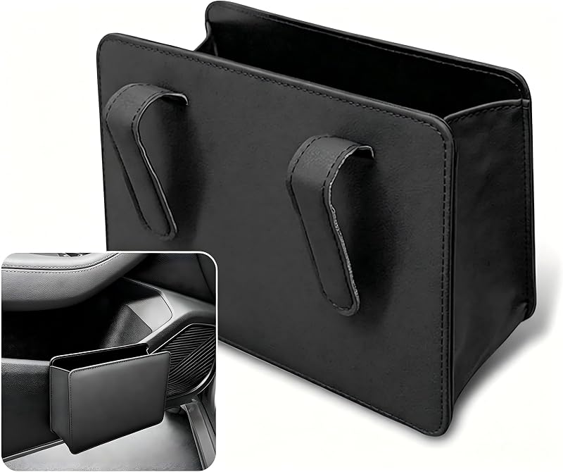 Car Trash Can, Leather Multifunctional Garbage Bin & Organizer, Foldable Waterproof Hanging Storage Box for Center Console & Seat Back, Interior Accessory for Cars SUVs Trucks (Black)