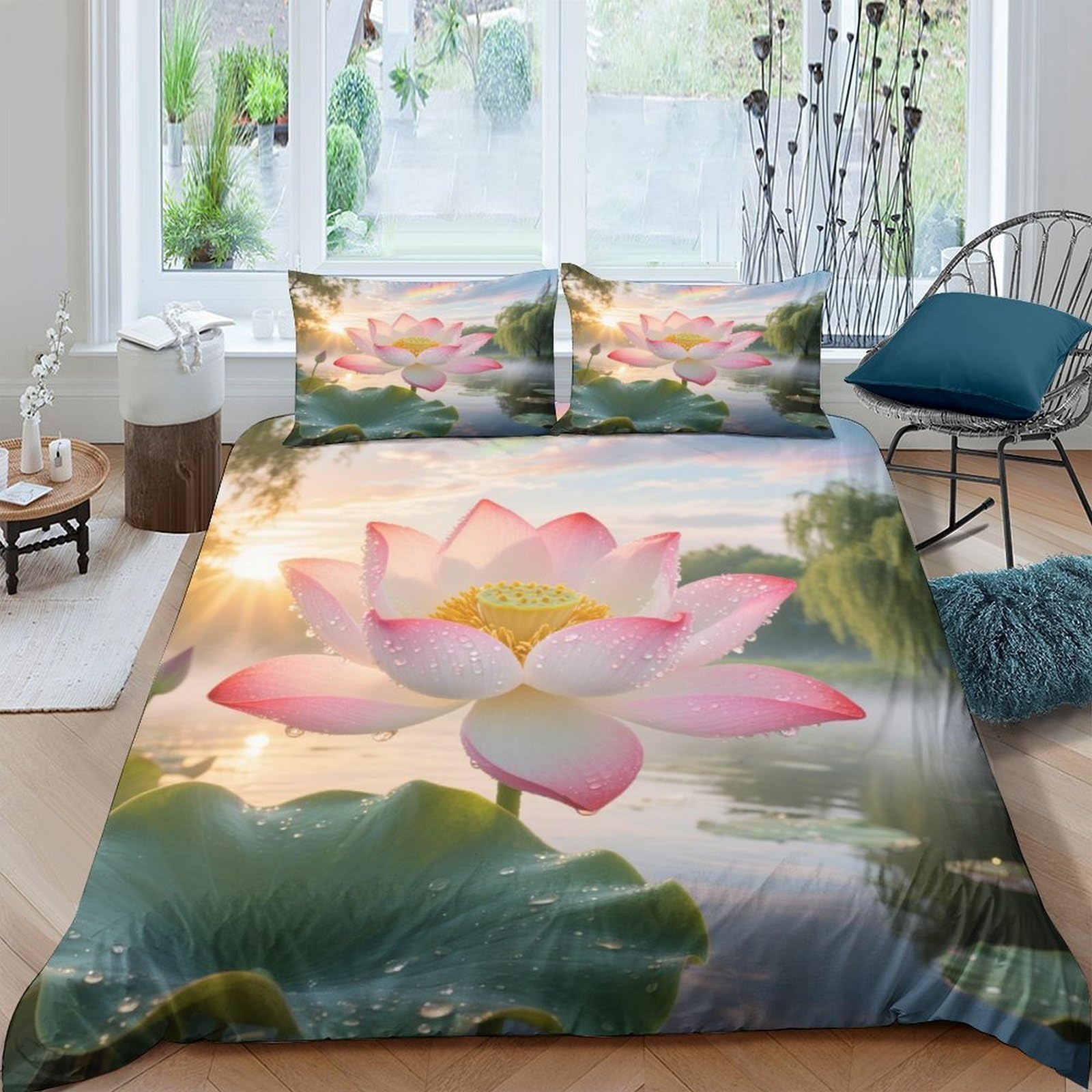 Housse de couette lotus 3D pour chambre d'adolescent, parure de lit douce zippée 200x200
