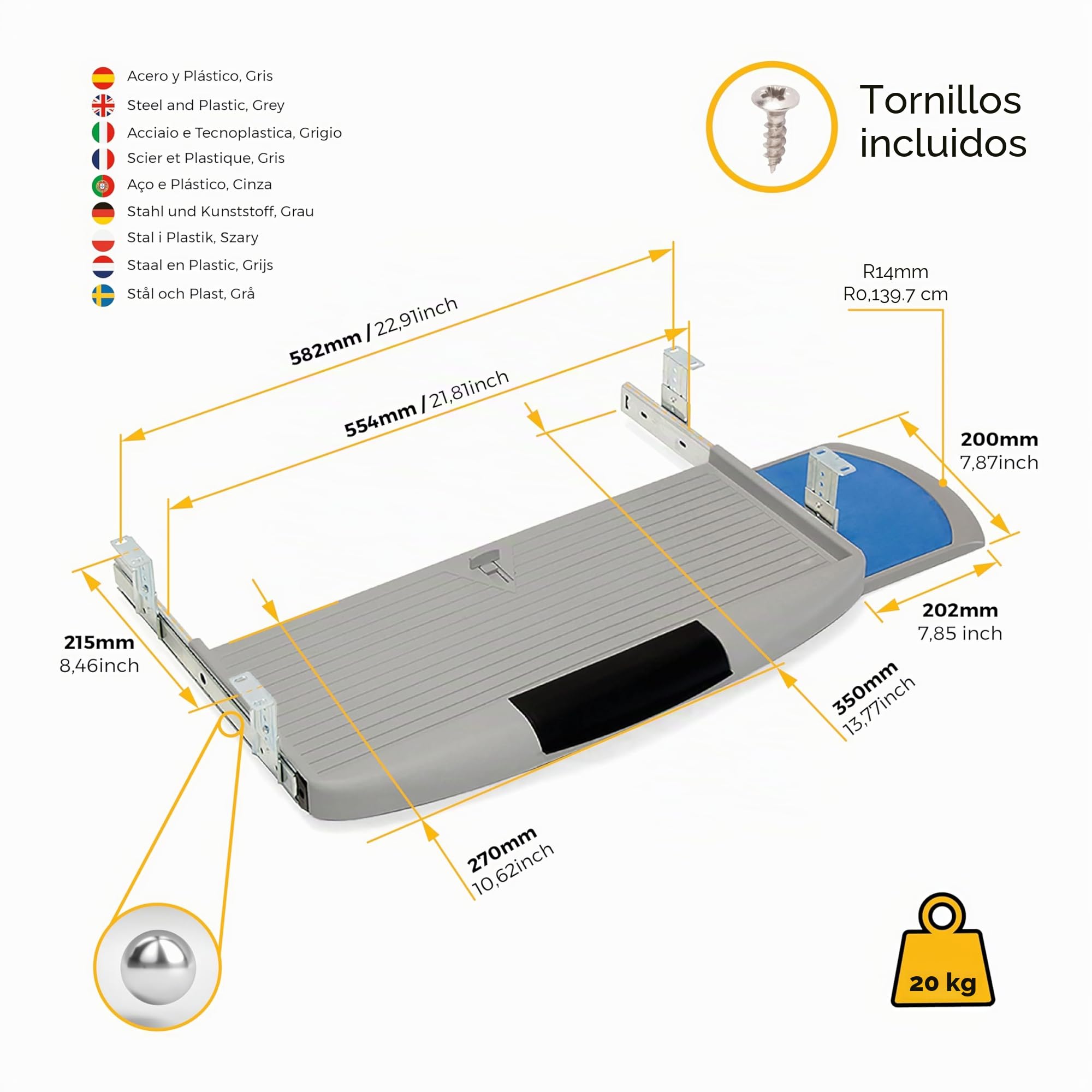 Emuca - Soporte Portateclado Extraíble con Bandeja Auxiliar para el Ratón, Acero y Plástico, Plástico gris
