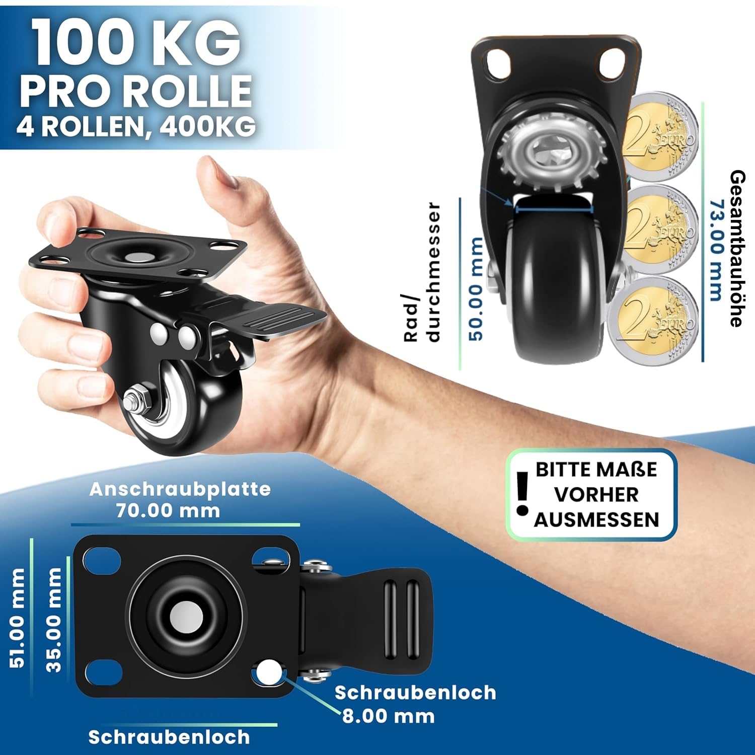4er-Set Schwerlastrollen mit Bremse in 50mm, 400Kg Tragkraft & leichtgängigen Rollen für müheloses Verschieben schwerer Lasten wie Strandkorb, Werkbank & mehr inkl. 347 tlg. Schraubenset