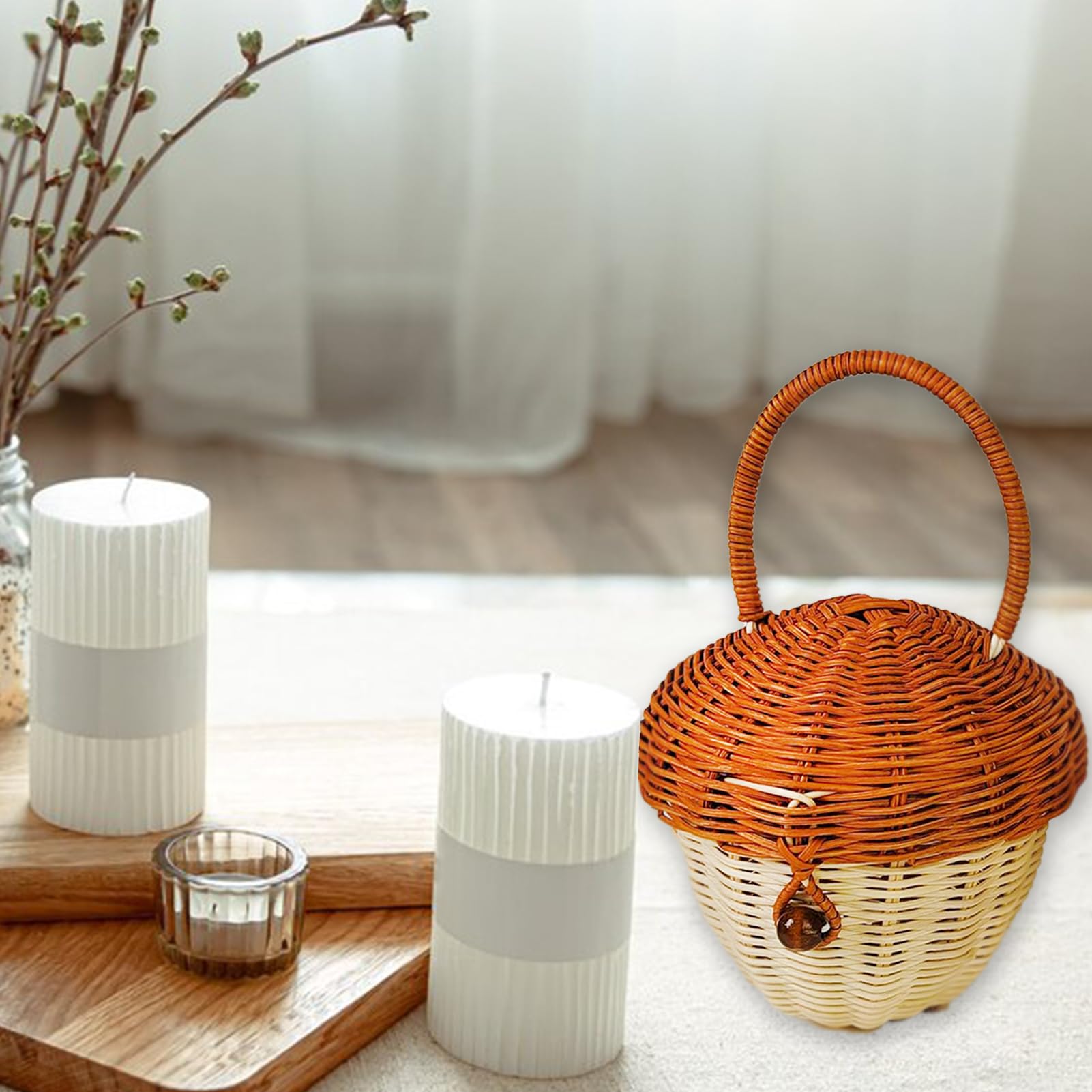 Cestino Portaoggetti In Rattan A Forma Di Ghianda - Intrecciato A Mano, Decorativo, Per Bambini O Casa, Multifunzionale - Foto 4