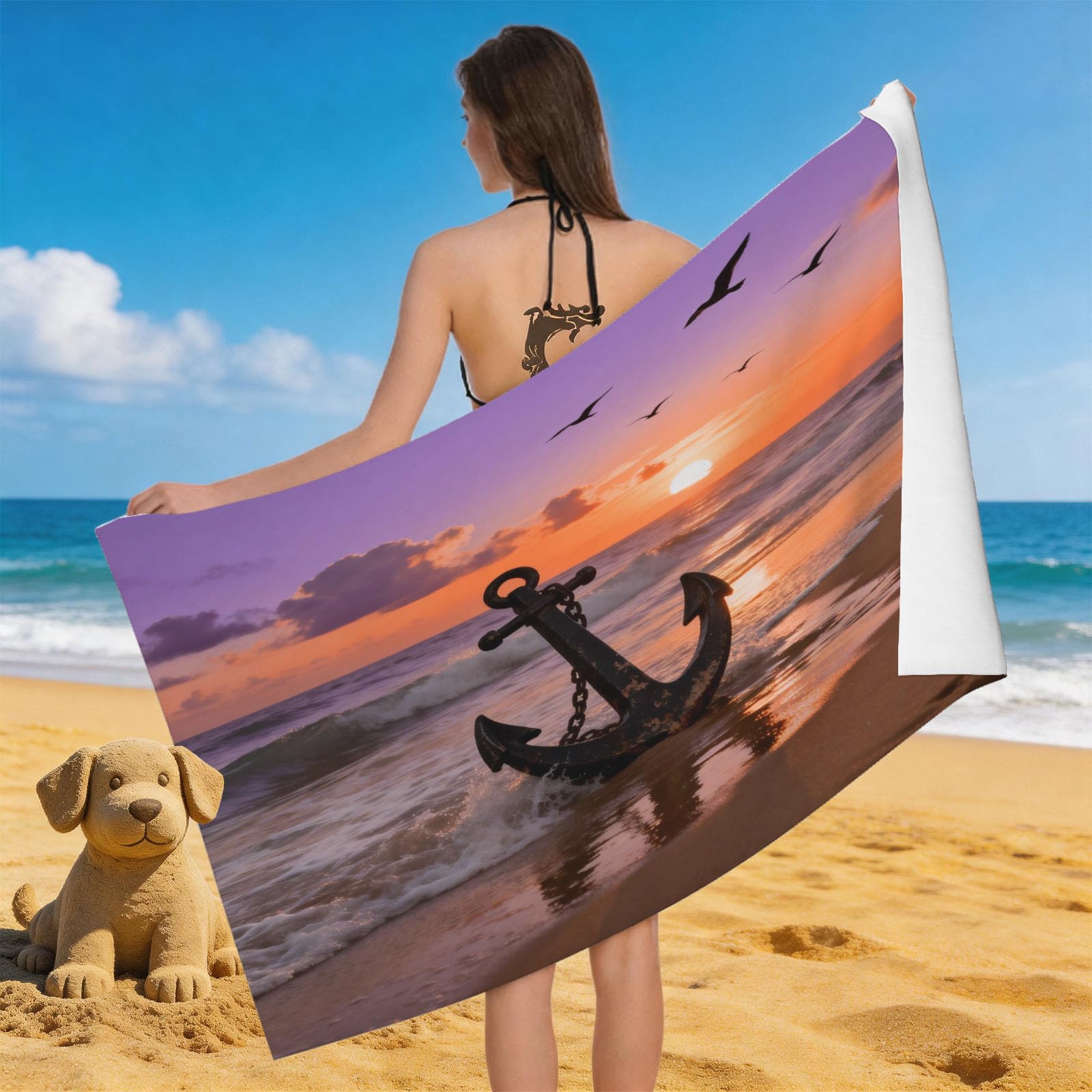 Leichong 3D Beach Sunset Beach Towel Microfiber Soft Quick Dry for Adults, Sunset Ocean View Bath Towel Lightweight Soft Absorbent for Travel Swimming Pool Sports, 75 x 150 cm