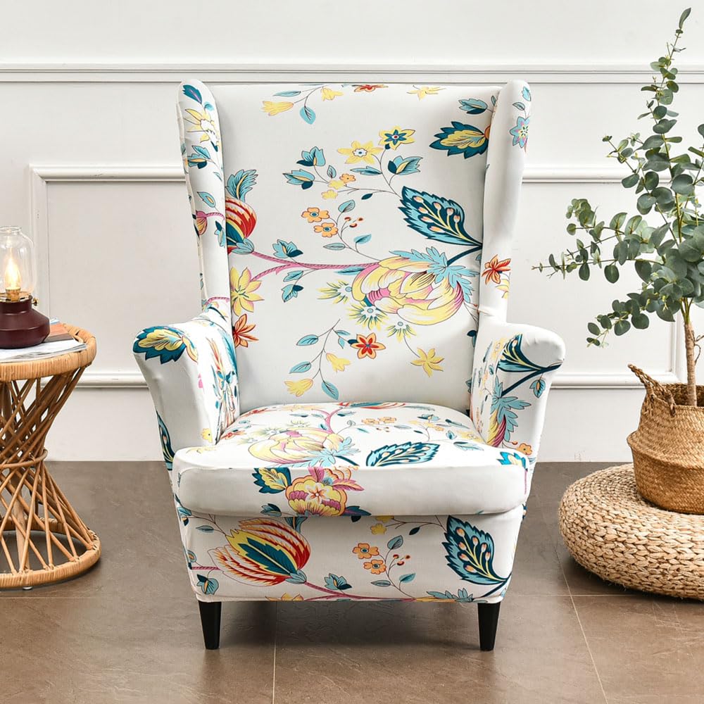 Chickwin Stretch Wingback Chair Slipcover, Plants Flowers Living Room Chair Covers Furniture Protector, Spandex Wing Back Chair Covers with Arms (Yellow Flower)