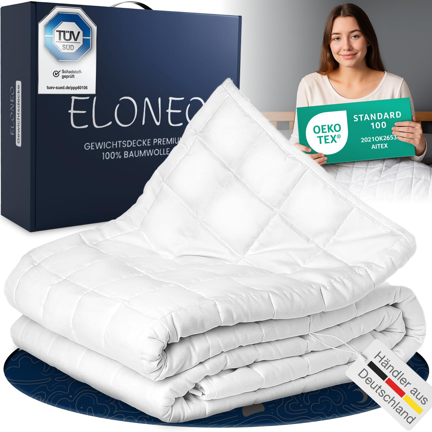 ELONEO NEU Gewichtsdecke 155x220 cm mit 11 kg, TÜV und Oeko-Tex Zertifiziert, Weighted Blanket aus 100% Baumwolle, Entspannungsdecke & Anti-Stress Therapiedecke, schwere Decke zum Schlafen