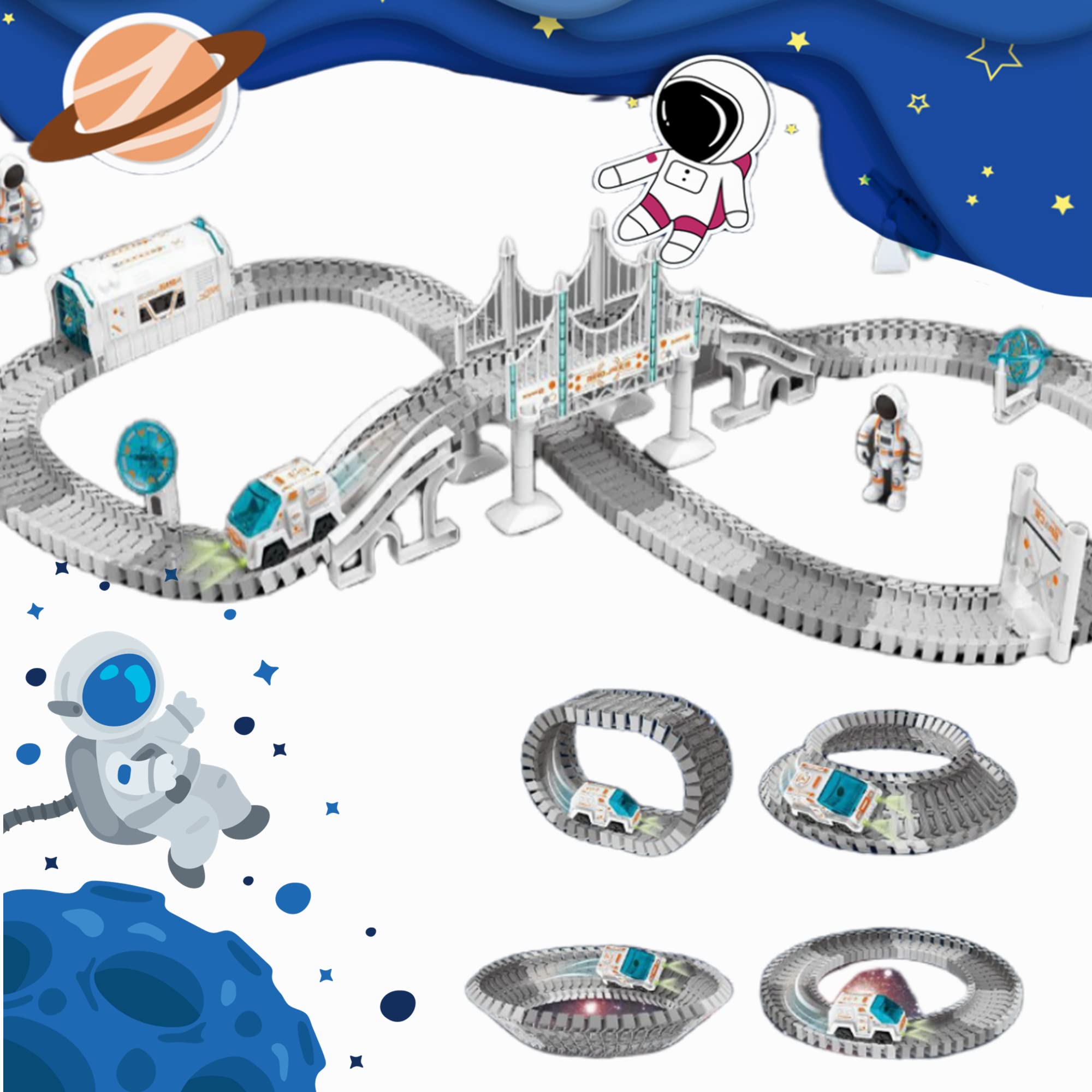 Construction Toys for Kids, 192 PCS Space Race Track Toy for Boys Girls, Space Car Astronaut Dolls Mini Star Projector and Flexible Train Tracks Playset for 3 4 5 6 Year Old Boys Girls