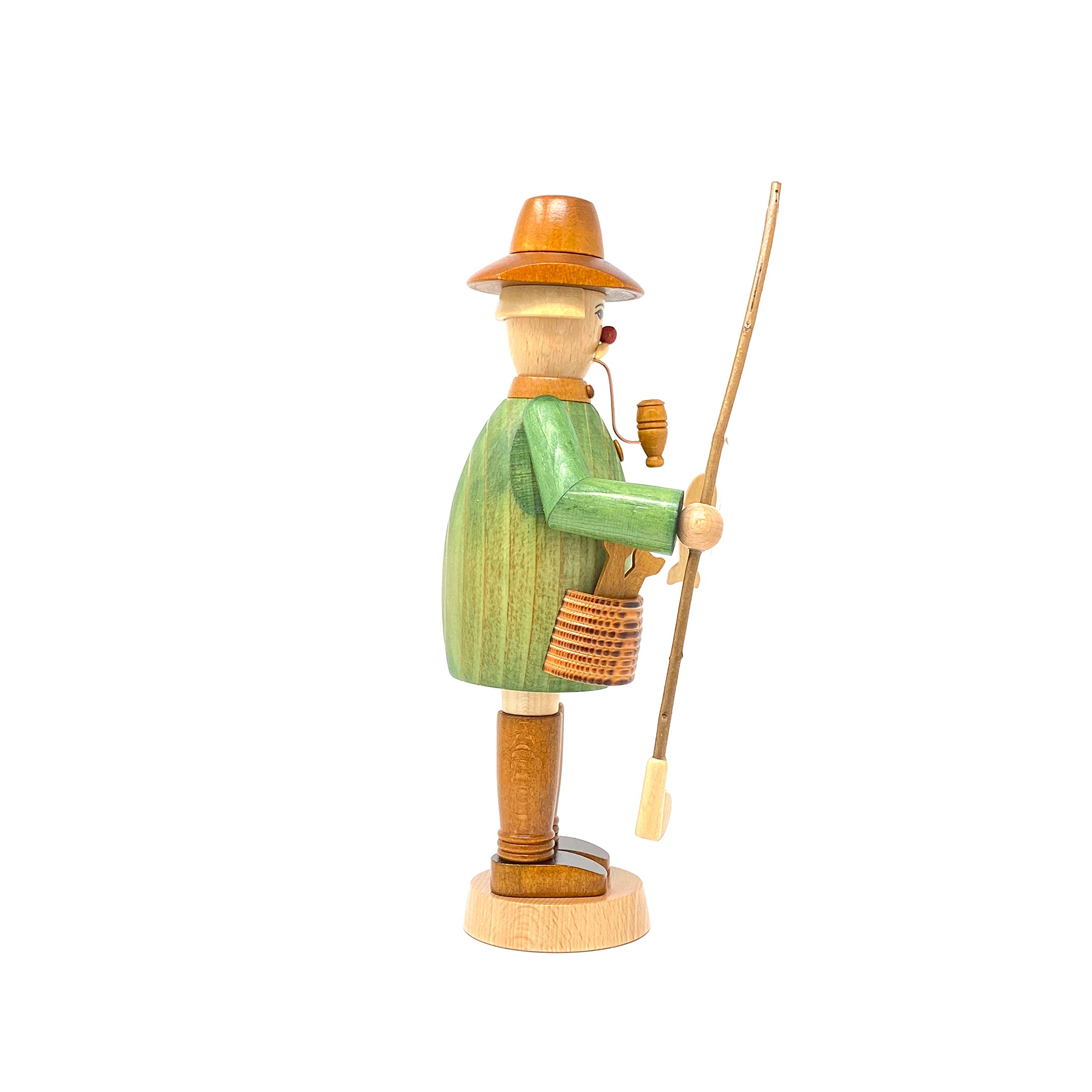 Drechslerei Friedbert Uhlig, Räuchermännchen Nr. 008/g, Angler, grün gebeizt, 25 cm hoch, aus regionalem Holz gedrechselt, echte Handarbeit aus dem Erzgebirge, Weihnachten, Holzkunst, Echtholz