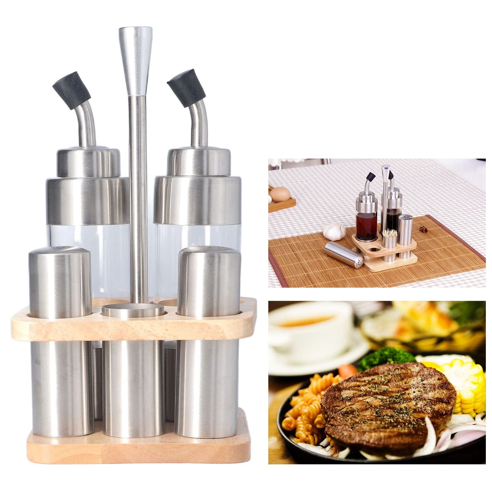 Gewürzflaschen 5er Set mit Holzregal, Edelstahl-Tisch-Gewürzflaschenhalter, Leere Glas-Gewürzflasche Zur Aufbewahrung von Öl, Essig, Salz, Sojasauce und Pfeffer, Spülmaschinenfest