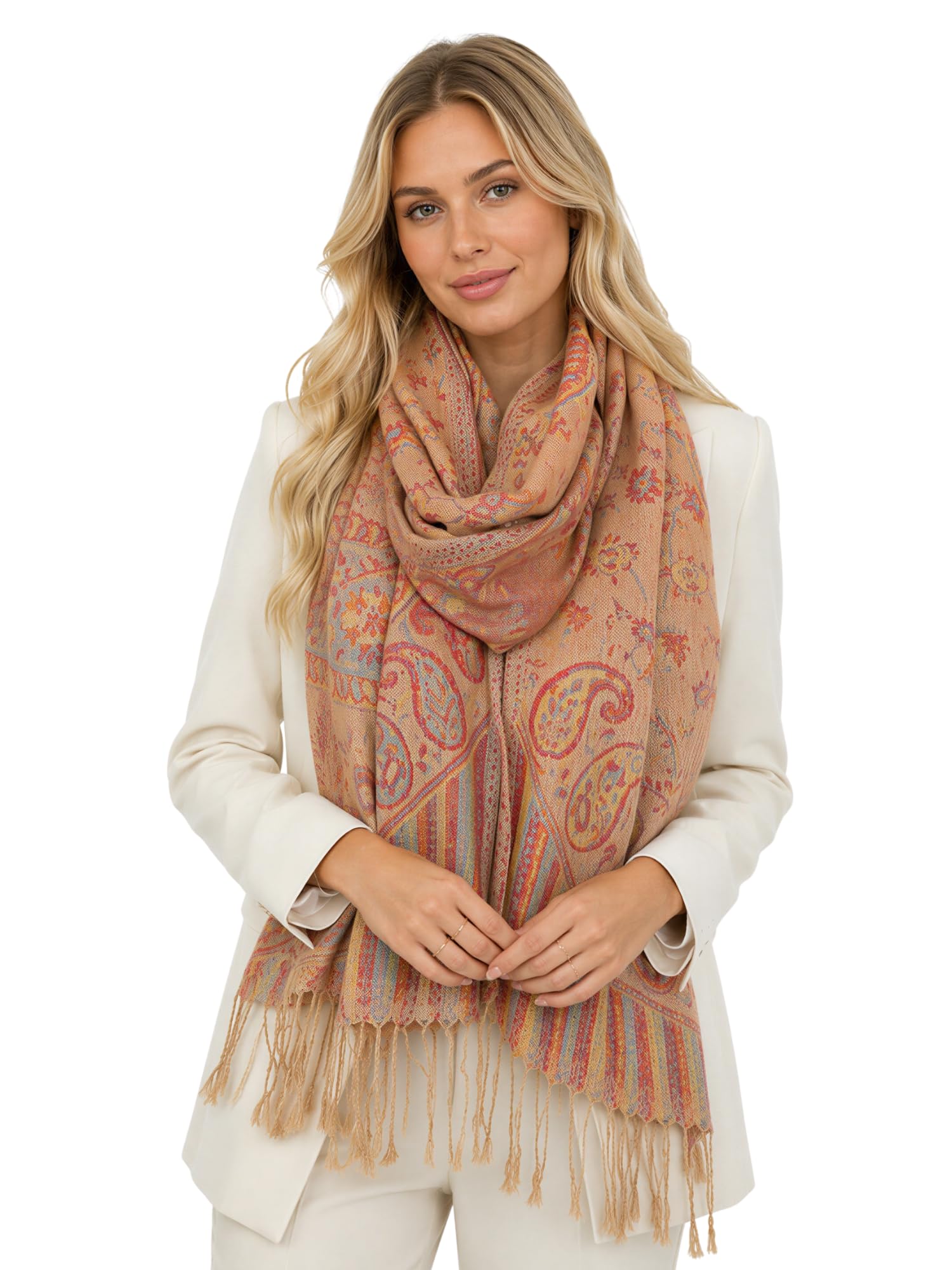 Women Pashmina Scarf Shawl Wrap - Large Long Paisley Floral Rainbow Ladies Scarves, Wearable Blanket Scarf, Womens Winter Scarfs, Indian Shawl Wedding Evening Stole, Head Scarf (Beige)