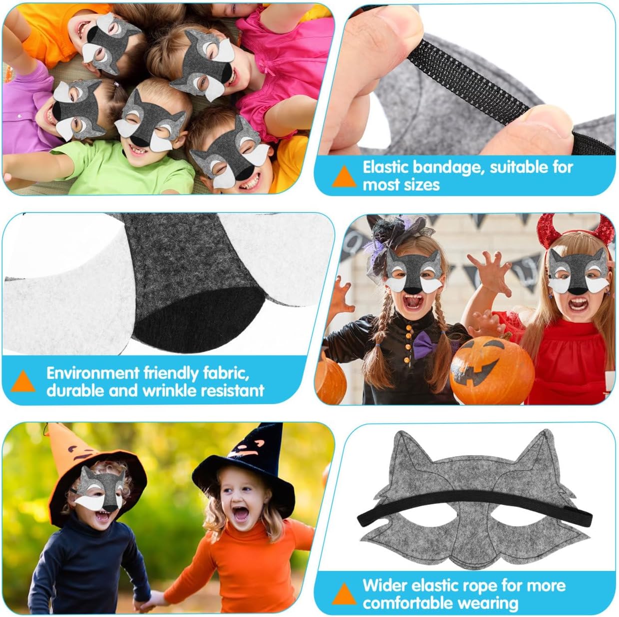 NUOBESTY 3Pcs Wolf Mask for Kids, Felt Animal Half Face Masks with Elastic Band, Cosplay Costume Accessory for Halloween Dress Up Party Supplies (Grey) - Image 6