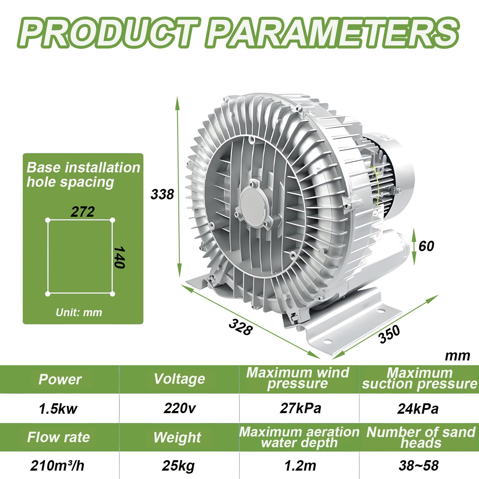 Dmuchawa pierścieniowa wirowa 220 V/380 V, dmuchawa regeneracyjna, pompa próżniowa przemysłowa, do usuwania pyłu w wentylacji fabrycznej i piwnicznej 1500W/220V