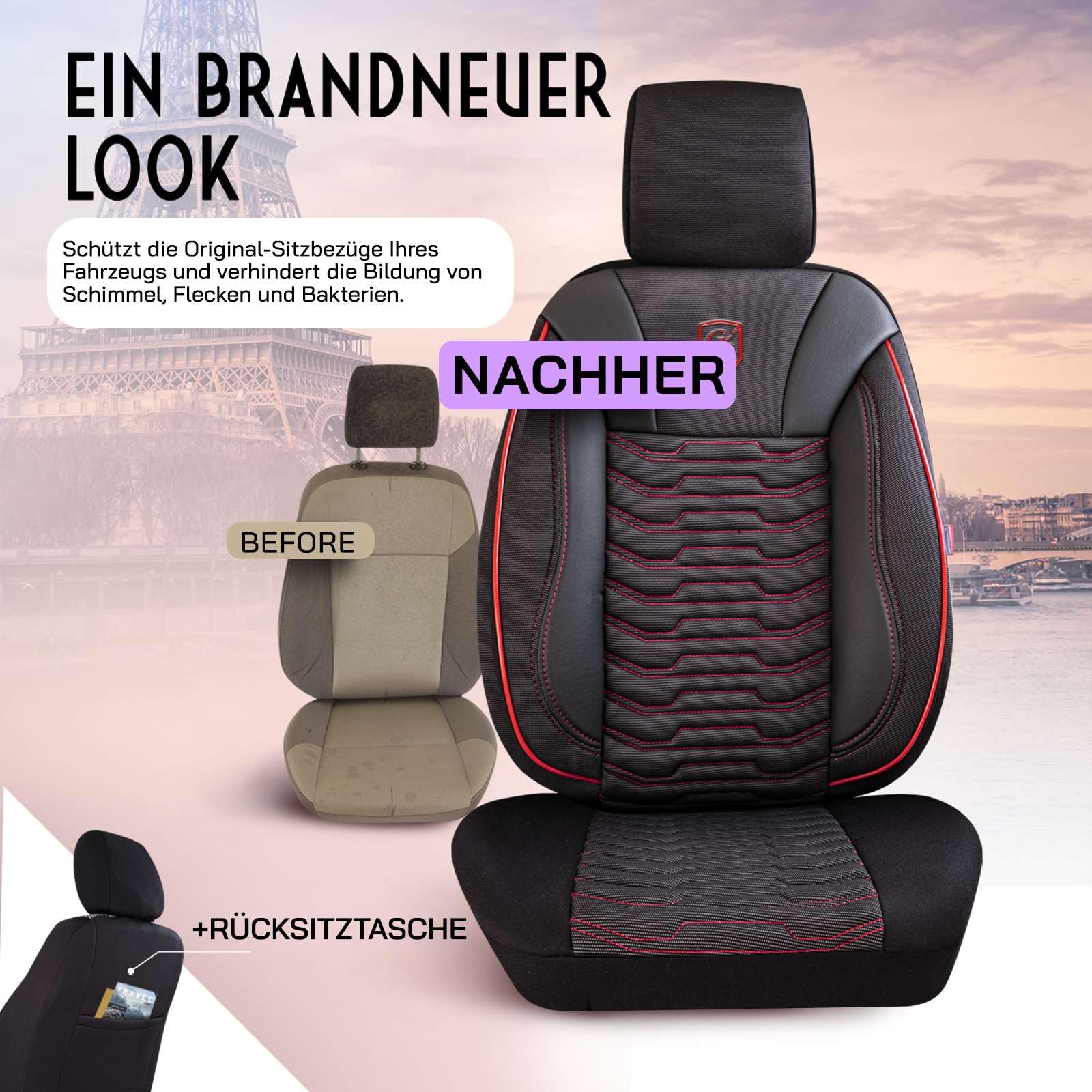 Autositzbezüge Universal für PKW & SUV – Premium Vordersitze Auto Sitzbezug aus Piqué-Stoff, Schwarz-Rot, Airbag-Kompatibel Sitzauflage, Autoschonbezug, Komplett Set inkl. Montageset