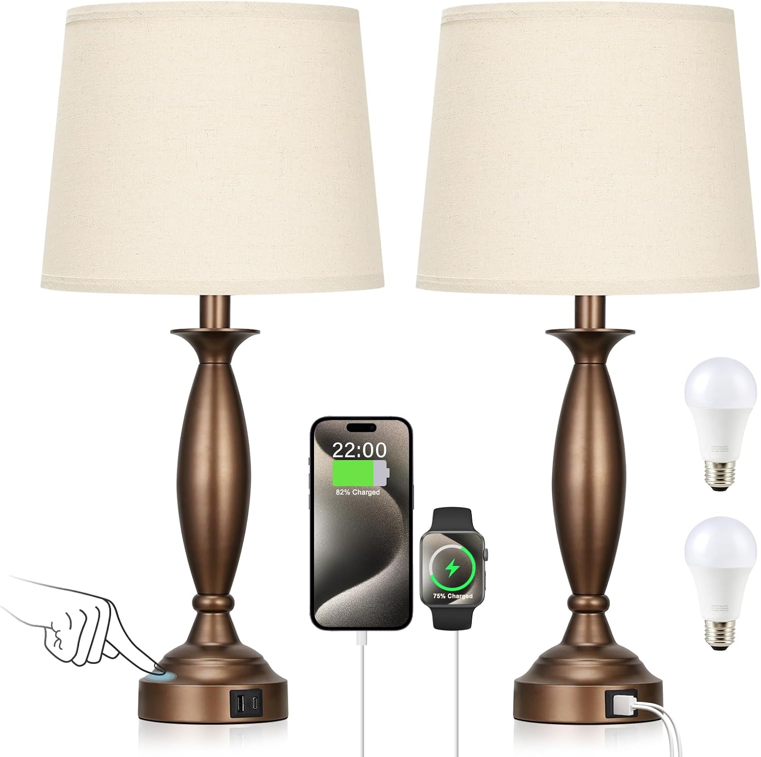 Bedroom Lamps for Nightstand, 3 Way Dimmable Brown Bedside Lamps with USB